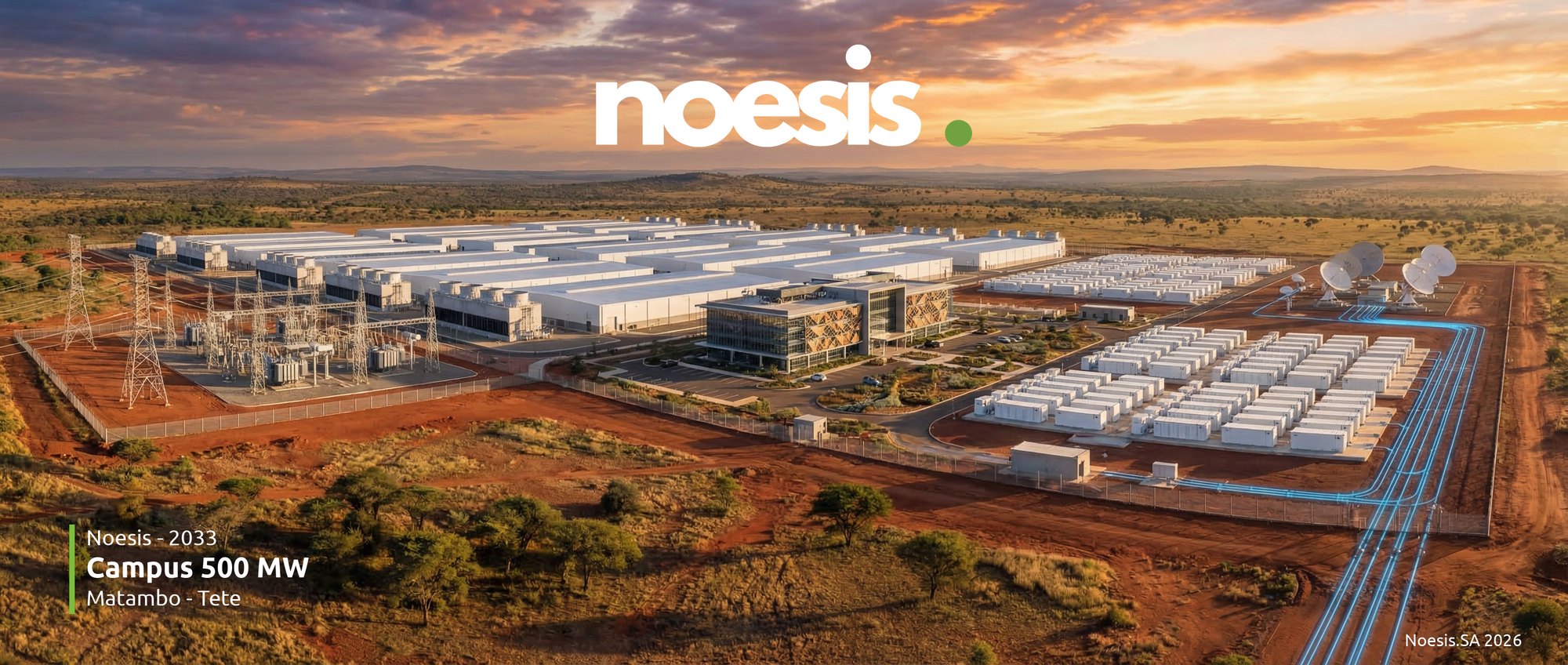 Architectural render of the NOESIS 500 MW campus vision, Matambo, Tete